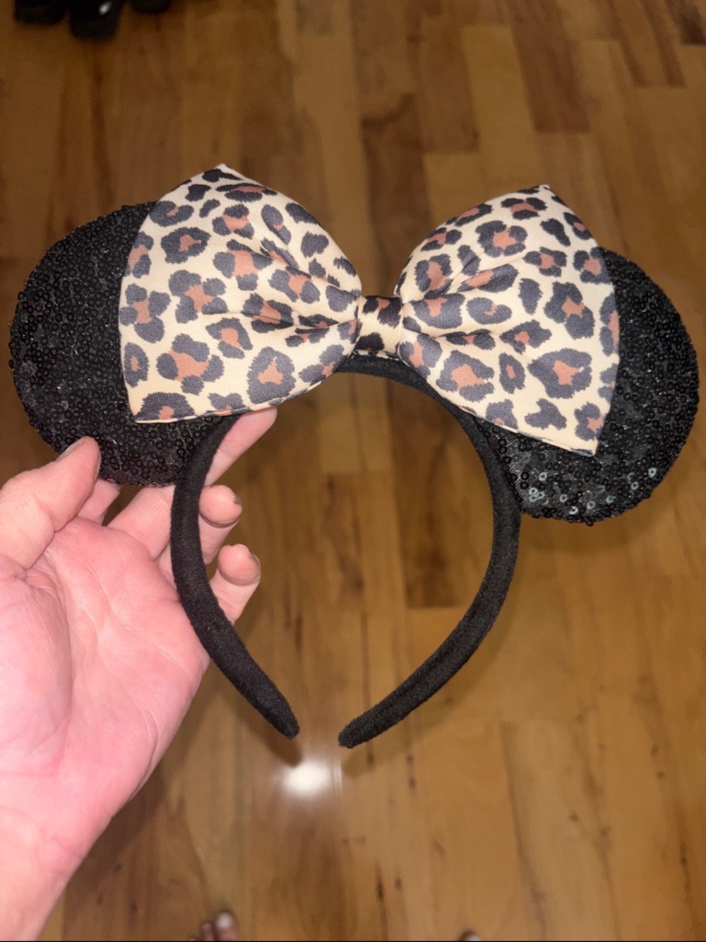 Leopard Print Bow Sequin Minnie Ear Headband Animal Kingdom